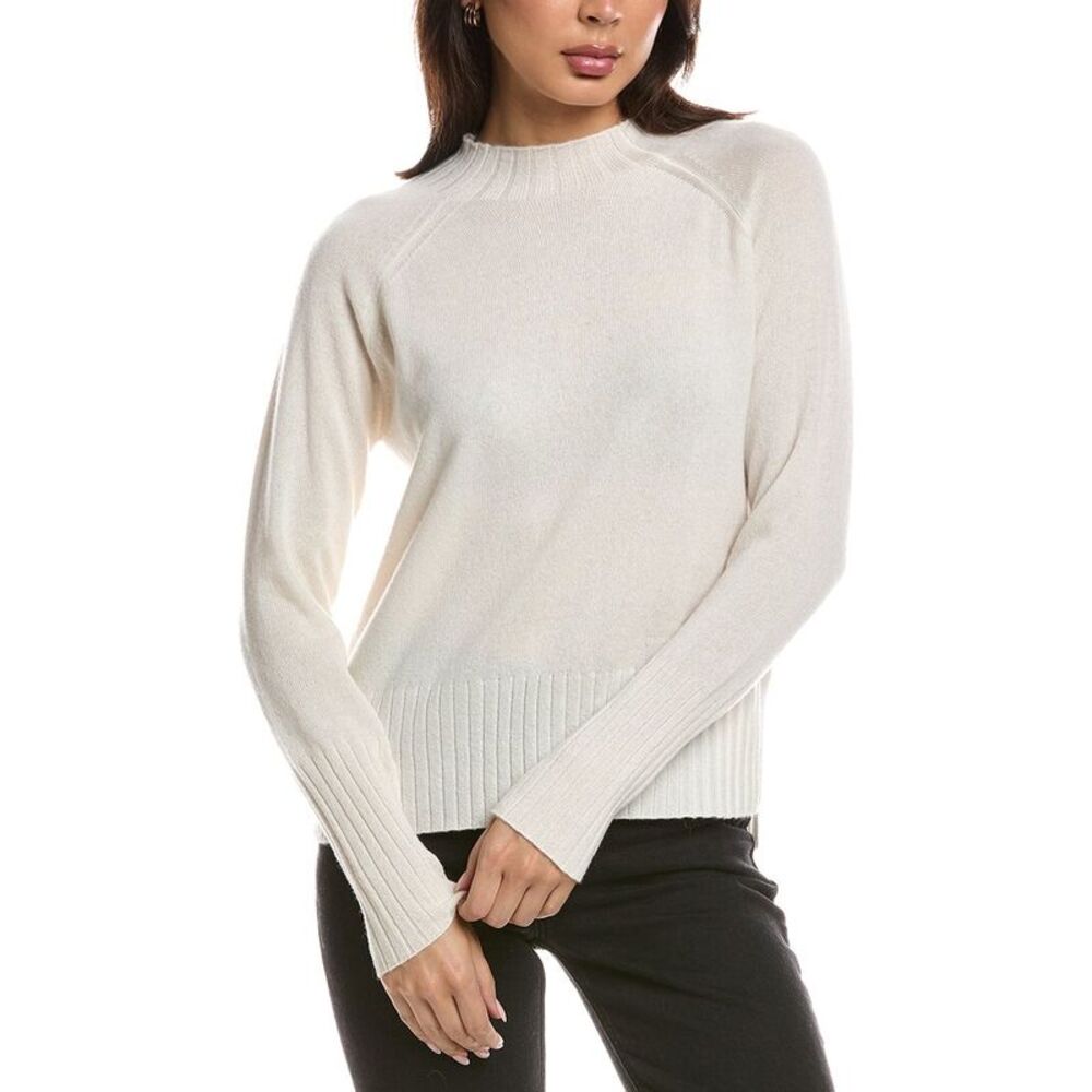 Forte Cashmere Womens  Hi Low Rib Trim Funnel Neck 100% Cashmere Sweater, White